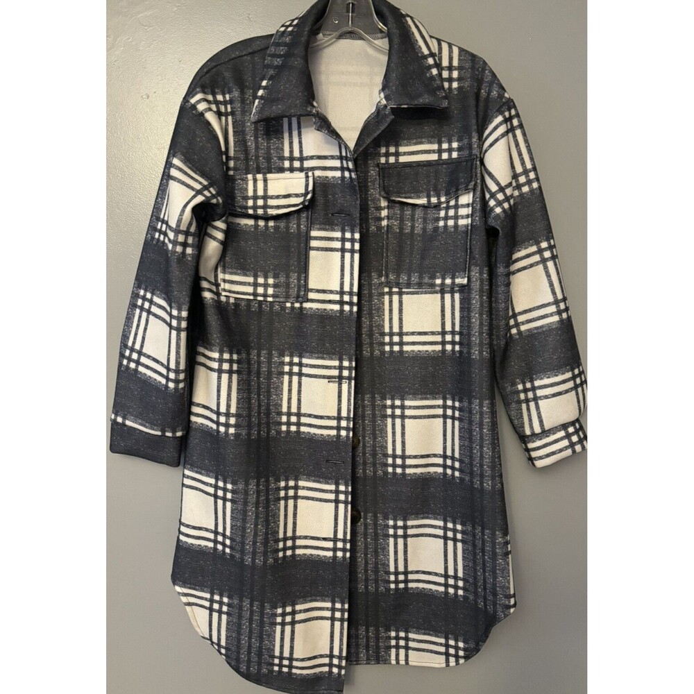 Womens Plaid Blue/wht Button Down Long Sleeve Shirt Fall Jacket Flannel Size Med